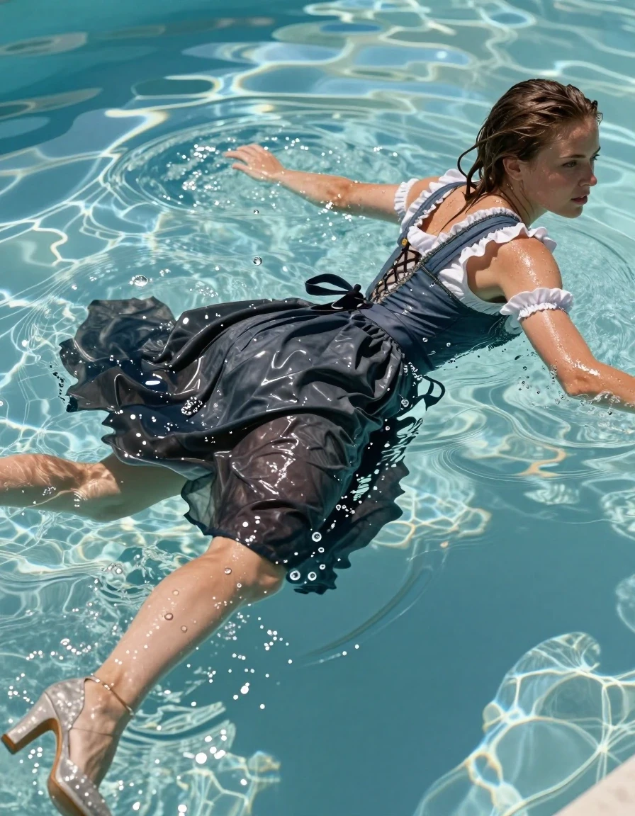 A young adult European woman with wet, slicked-back hair and glistening, water-drenched skin, swimming gracefully in a crystal-clear outdoor pool. She is wearing a traditional dirndl with a long, flowing skirt that is heavy and soaked with water, clinging to her legs and creating deep, saturated folds and dark, wet textures. Her feet are adorned with elegant heels that are partially submerged and gleaming with water droplets. The fabric of the dirndl is visibly water-saturated, appearing significantly darker and heavier, with realistic translucency and clinging patterns against her form. The scene captures the movement of water around her, with ripples and splashes reflecting the bright, natural sunlight. High-detail photographic capture, 8k resolution, cinematic lighting, sharp focus on the textures of the wet fabric and skin, realistic water refraction and specular highlights, professional color grading, realistic anatomy.