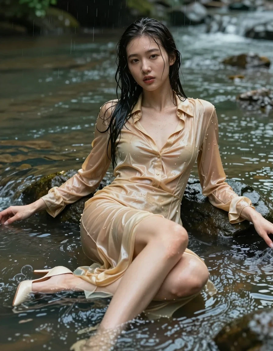 photo of young woman, in soaking wet, drenched clothes,
pumps, light golden tight long dress, silk, shiny light golden shirtdress , long blouse, river, rain, 
enjoying, wet clothes stuck to body,
detailed textures of the wet clothes, wet face, wet plastered hair,
wet, drenched, professional, high-quality details, full body view.
sharp focus, ultra-high pixel detail, realistic, high-quality, full colors, incredibly detailed, 4k, 8k, 16k, hyper-realistic, RAW photo, masterpiece, ultra-detailed, professionally color graded, professional photograph, collar, long sleeves, long blouse, unbuttoned, 
clinging wet hair, long hair, drenched, dripping wet, complete submerged, full body, lying, wet skin, wet clothes, damp fabric