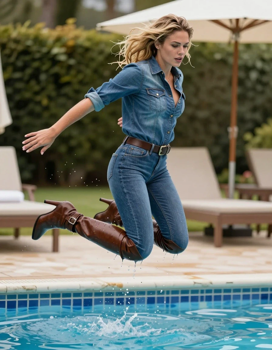 photo of young woman, in soaking wet, drenched clothes,
Brown stiletto knee high boots with buckle , Tight blue jeans , Denim long sleeve shirt, Jumping into swimming pool, 
enjoying, wet clothes stuck to body,
detailed textures of the wet clothes, wet face, wet plastered hair,
wet, drenched, professional, high-quality details, full body view.
sharp focus, ultra-high pixel detail, realistic, high-quality, full colors, incredibly detailed, 4k, 8k, 16k, hyper-realistic, RAW photo, masterpiece, ultra-detailed, professionally color graded, professional photograph, Fully body picture must see all of the boots 
Blonde hair sexy look on face looking at me 
Extra wide Brown belt dripping wet, wet skin, wet clothes, damp fabric