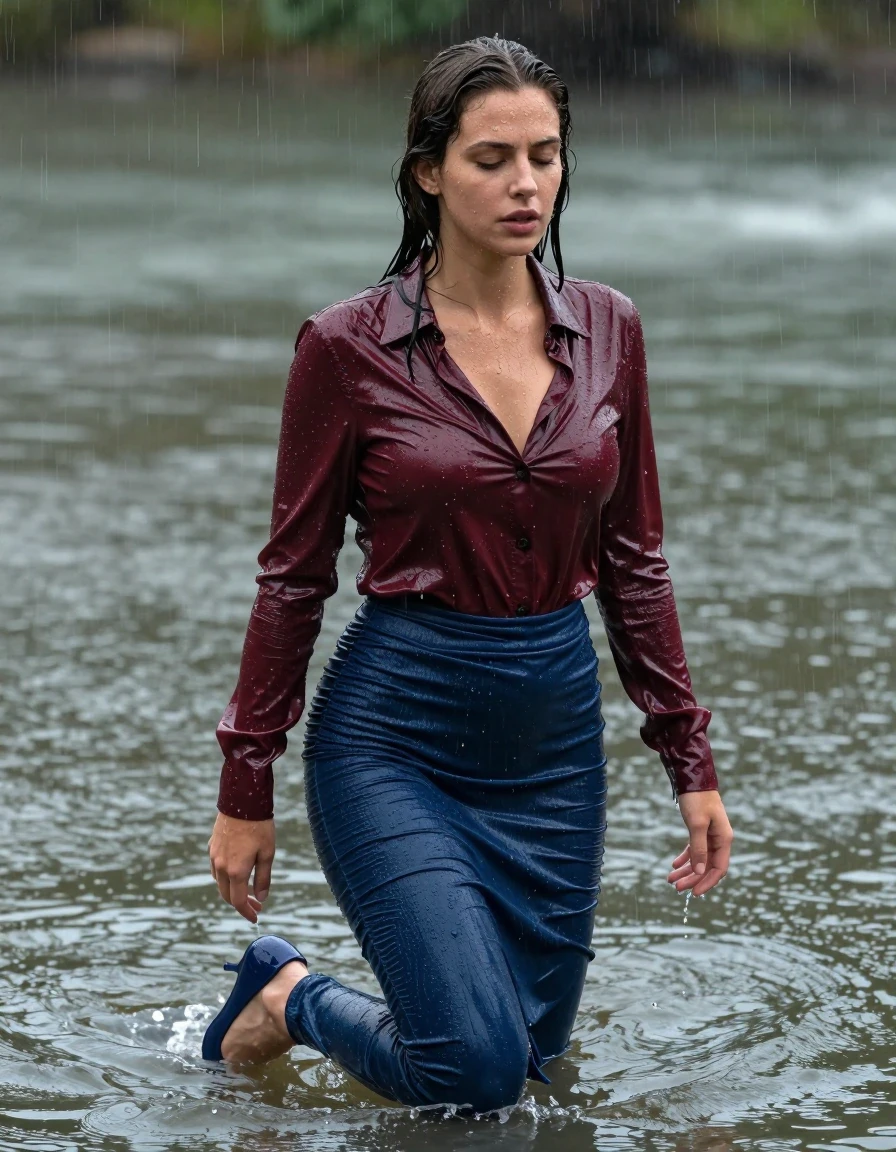 photo of young woman, in soaking wet, drenched clothes,
pumps, blue tight long dress, jeans, shiny dark red blouse , long blouse, river, rain, 
enjoying, wet clothes stuck to body,
detailed textures of the wet clothes, wet face, wet plastered hair,
wet, drenched, professional, high-quality details, full body view.
sharp focus, ultra-high pixel detail, realistic, high-quality, full colors, incredibly detailed, 4k, 8k, 16k, hyper-realistic, RAW photo, masterpiece, ultra-detailed, professionally color graded, professional photograph, collar, long sleeves, long blouse, unbuttoned, 
wet hair, long hair, drenched, dripping wet, complete submerged, full body, wet skin, wet clothes, damp fabric