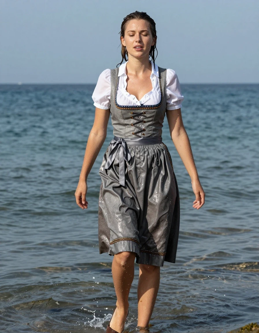 photo of young woman, in soaking wet, drenched clothes,
heels, long skirt, dirndl, sea, 
enjoying, wet clothes stuck to body,
detailed textures of the wet clothes, wet face, wet plastered hair,
wet, drenched, professional, high-quality details, full body view.
sharp focus, ultra-high pixel detail, realistic, high-quality, full colors, incredibly detailed, 4k, 8k, 16k, hyper-realistic, RAW photo, masterpiece, ultra-detailed, professionally color graded, professional photograph, wet skin, wet clothes, damp fabric
