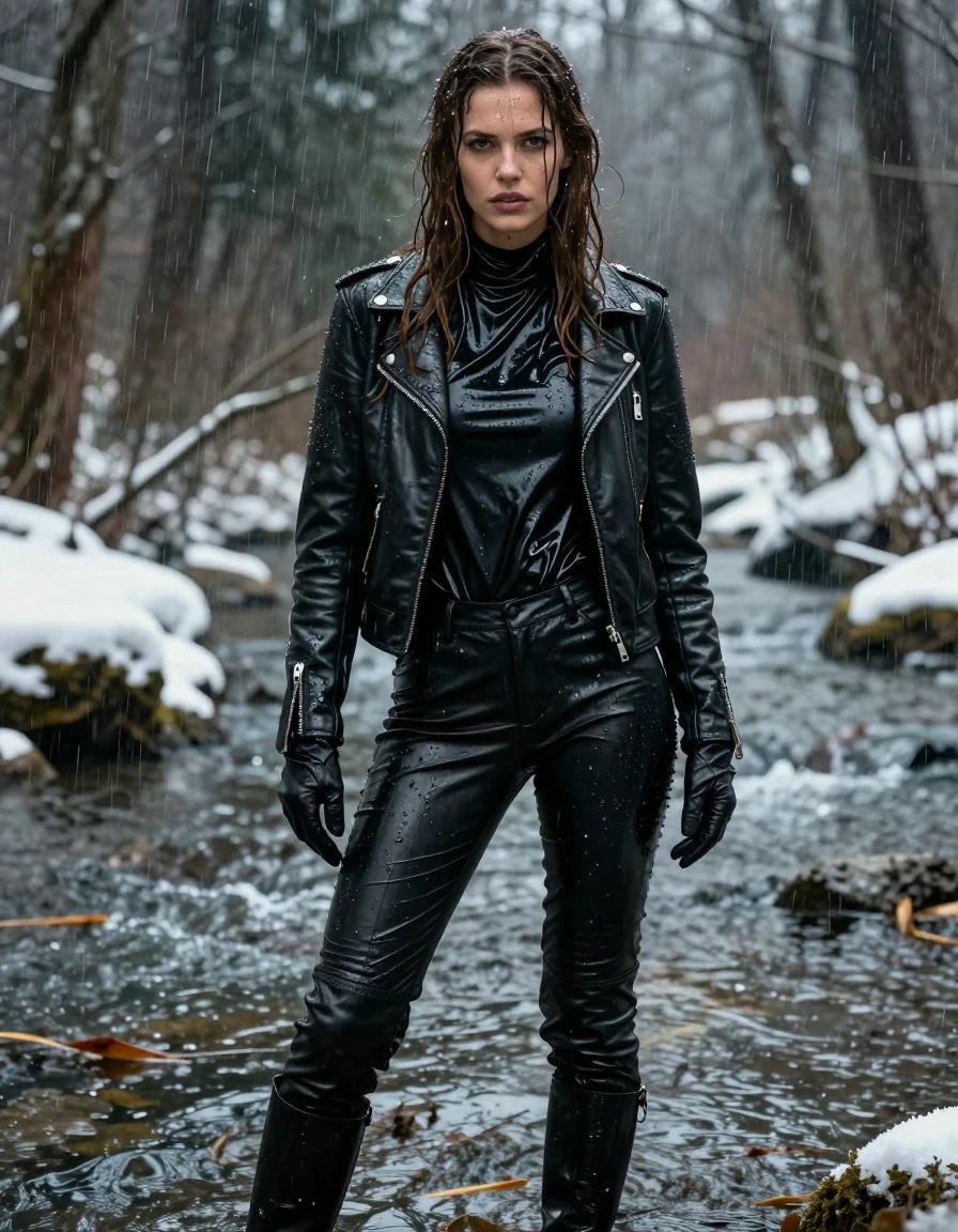A photorealistic medium shot of a young adult European woman with long, dripping wet brown hair, standing in a shallow river within a dense, snow-covered forest during a heavy rainstorm. She is covered in streaks of mud, her skin glistening with water and rain, wearing an oversize black vinyl polar neck shirt, black vinyl pants, a black biker leather jacket, and black leather knee-high boots, with leather gloves on both hands. The clothing is heavily drenched, clinging to her body with realistic wet folds, dark soaked textures, and a high-sheen wet look on the vinyl and leather surfaces. The environment is dark and atmospheric with falling rain and snow, the fabric appearing heavy and saturated with water. High-contrast cinematic lighting, sharp focus on skin and fabric textures, detailed water droplets and sheen, professional photography, 8k resolution, no nudity, fully clothed.