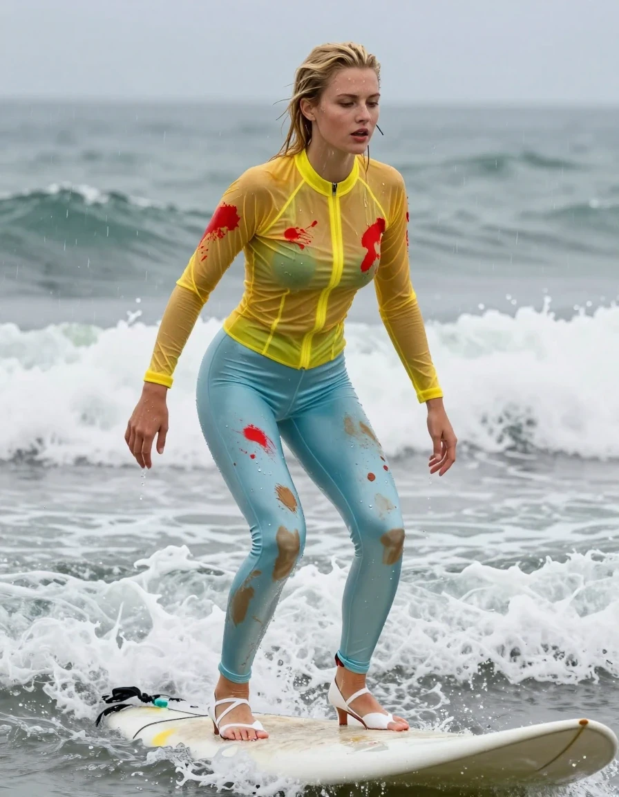 photo of young woman, in soaking wet, drenched clothes,
Strappy white stilettos, Dirty pale blue satin leggings covered in paint , See-through yellow suit jacket covered in red paint , Surf, 
enjoying, wet clothes stuck to body,
detailed textures of the wet clothes, wet face, wet plastered hair,
wet, drenched, professional, high-quality details, full body view.
sharp focus, ultra-high pixel detail, realistic, high-quality, full colors, incredibly detailed, 4k, 8k, 16k, hyper-realistic, RAW photo, masterpiece, ultra-detailed, professionally color graded, professional photograph, Blonde, in a downpour, wet skin, wet clothes, damp fabric
