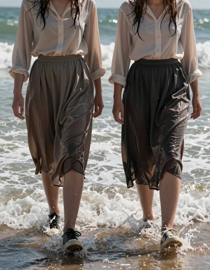 A photorealistic, wide-angle shot of two young Jewish women standing in the shallow surf of a sunlit beach. Both women are dressed in modest attire, wearing long, flowing skirts and button-up blouses. Their legs are covered in sheer pantyhose, which are visibly wet and clinging to their skin. They are wearing sneakers that are partially submerged in the seawater. The fabric of their skirts and blouses is heavily soaked, darkened by the ocean water, clinging to their silhouettes with realistic heavy folds and water-saturated textures. Their hair is damp and plastered against their faces, with water sheen glistening on their skin. The scene captures them mid-motion as waves wash over their feet and calves. Natural daylight, high-contrast lighting highlighting the wet textures, glistening water droplets, realistic skin tones, 8k resolution, cinematic composition.
