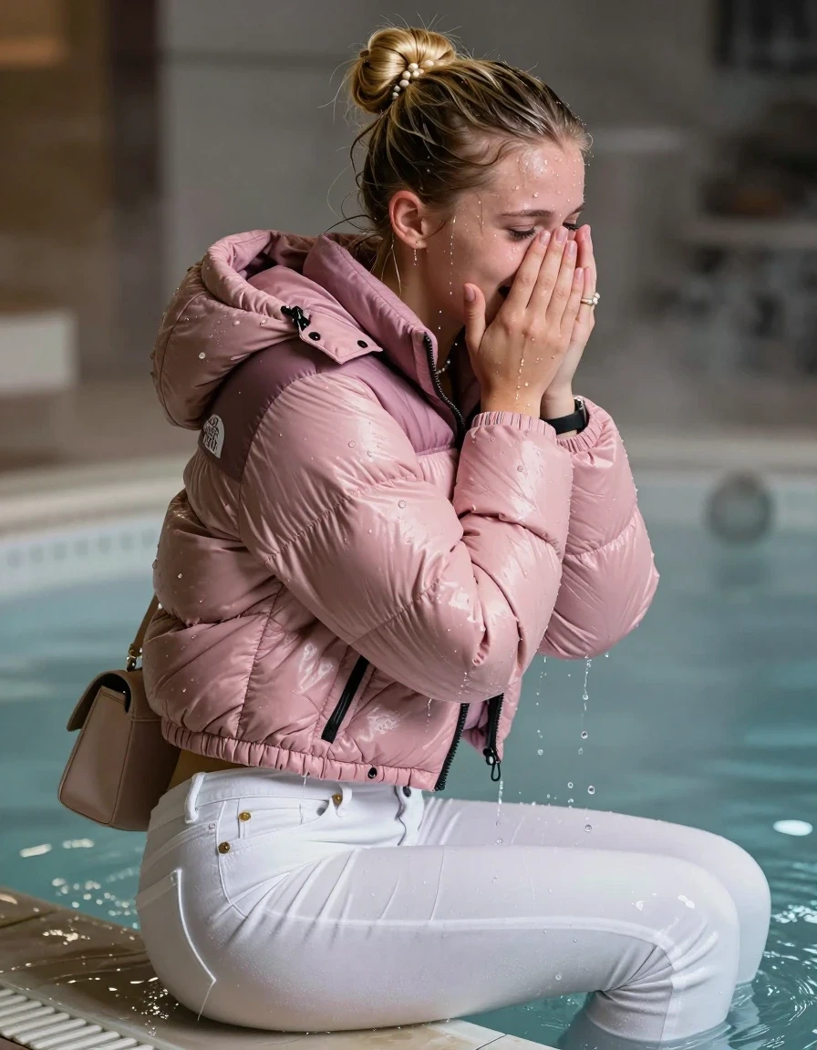 photo of young woman, in soaking wet, drenched clothes,
, White levis skinny jeans, Pink North face puffer down jacket, Open jacket, tight v-neck sweater belly free, shoulderbag, pearl necklace, bracelet, wristwatch, Steaming indoor jacuzzi , 
enjoying, wet clothes stuck to body,
detailed textures of the wet clothes, wet face, wet plastered hair,
wet, drenched, professional, high-quality details, full body view.
sharp focus, ultra-high pixel detail, realistic, high-quality, full colors, incredibly detailed, 4k, 8k, 16k, hyper-realistic, RAW photo, masterpiece, ultra-detailed, professionally color graded, professional photograph, A realistic vertical fashion photograph taken from a backward, behind-the-back angle of a 15-year-old teenage girl sitting in a steaming indoor jacuzzi, facing away from the camera to show her back. She holds her hands over her face. She is tilting her head at camera, letting the water drench her hair so it is glued flat against her head and body. She has a blonde Sleek topknot, completely saturated and dripping wet hair, with water cascading down her face and neck, crying and astonished expression. The lighting is bright and cinematic, highlighting the glistening water droplets on her skin and the saturated texture of her  casual clothes.  Open mouth, half closed eyes. 
her clothing is soaking wet and clinging tightly to her skin, showing heavy wet folds, darkened fabric texture, and deep water-saturated Patches, her clothes are heavy from the water, water runs from her body and her clothes in streams. A lot of water also runs out of her clothes. Her clothes are darkened by the water. 
hyper-realistic wetness, high-contrast water sheen, sharp focus, 16k resolution, professional photography, realistic water physics., wet skin, wet clothes, damp fabric, wet skin, wet clothes, damp fabric, wet skin, wet clothes, damp fabric, wet skin, wet clothes, damp fabric, wet skin, wet clothes, damp fabric, wet skin, wet clothes, damp fabric, wet skin, wet clothes, damp fabric, wet skin, wet clothes, damp fabric, wet skin, wet clothes, damp fabric, wet skin, wet clothes, damp fabric, wet skin, wet clothes, damp fabric