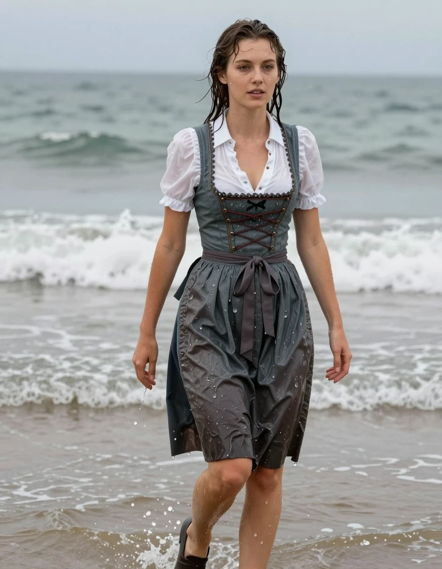 photo of young woman, in soaking wet, drenched clothes,
heels, long skirt, dirndl, beach, 
enjoying, wet clothes stuck to body,
detailed textures of the wet clothes, wet face, wet plastered hair,
wet, drenched, professional, high-quality details, full body view.
sharp focus, ultra-high pixel detail, realistic, high-quality, full colors, incredibly detailed, 4k, 8k, 16k, hyper-realistic, RAW photo, masterpiece, ultra-detailed, professionally color graded, professional photograph, wet skin, wet clothes, damp fabric