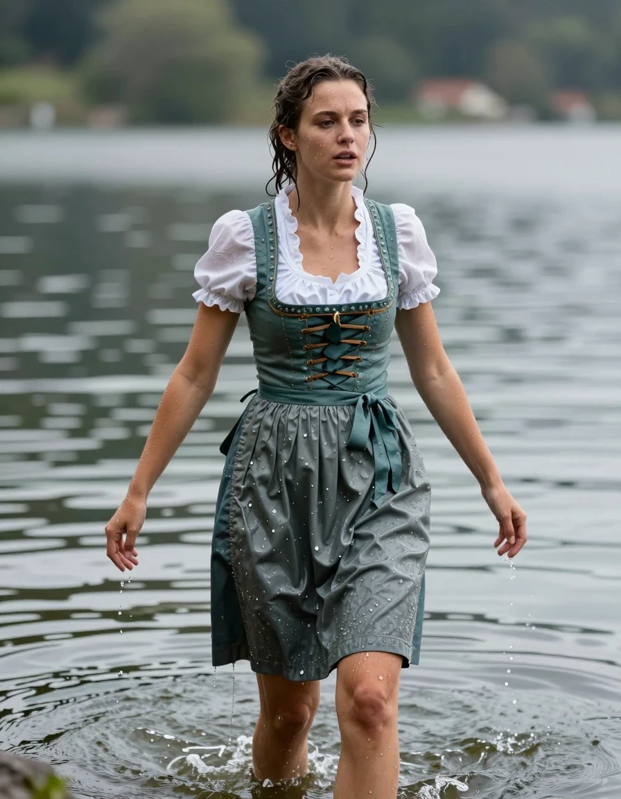 photo of young woman, in soaking wet, drenched clothes,
heels, long skirt, dirndl, lake, 
enjoying, wet clothes stuck to body,
detailed textures of the wet clothes, wet face, wet plastered hair,
wet, drenched, professional, high-quality details, full body view.
sharp focus, ultra-high pixel detail, realistic, high-quality, full colors, incredibly detailed, 4k, 8k, 16k, hyper-realistic, RAW photo, masterpiece, ultra-detailed, professionally color graded, professional photograph, wet skin, wet clothes, damp fabric