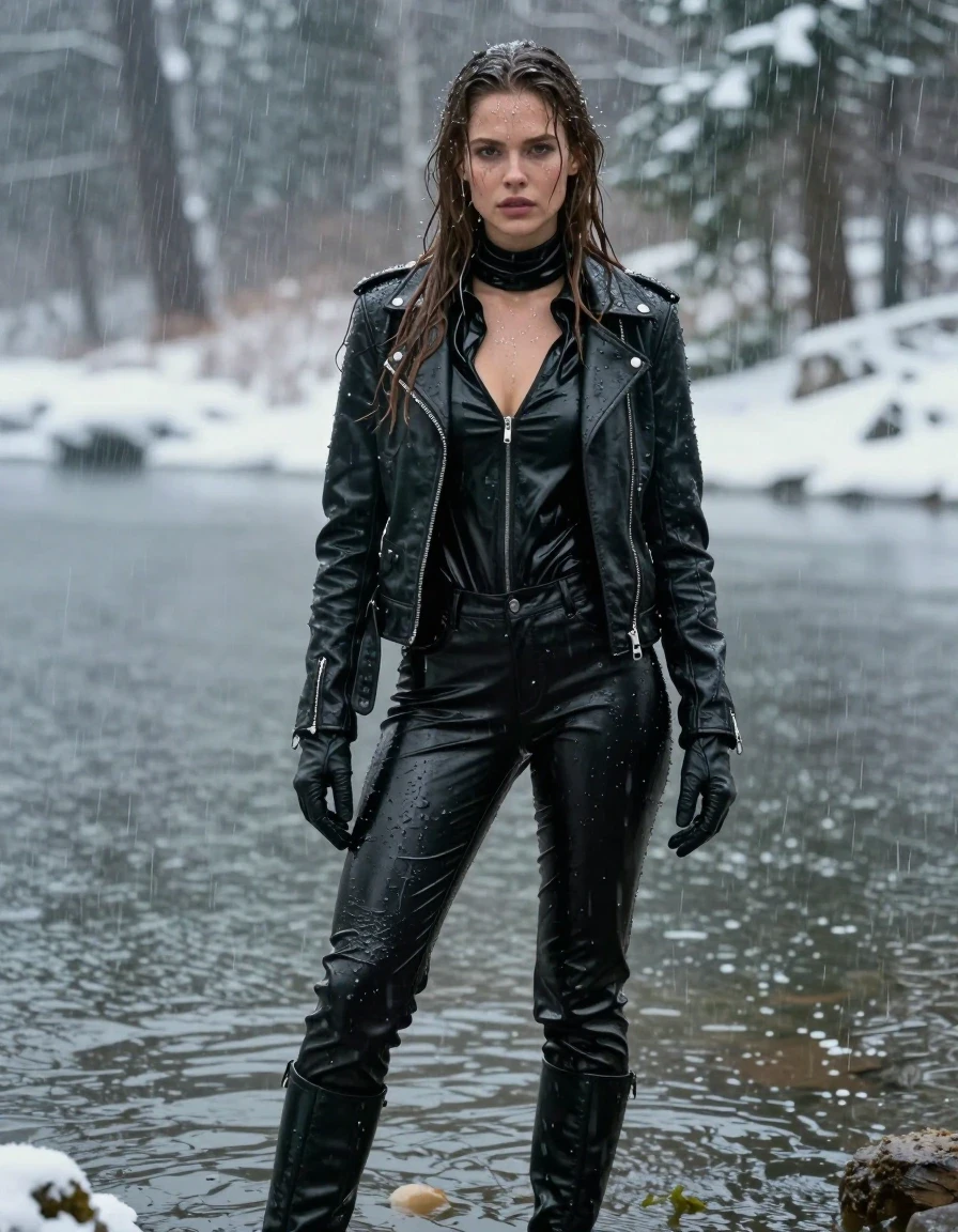 A photorealistic medium shot of a young adult European woman with long, dripping wet brown hair, standing in a shallow lake within a snow-covered forest during a heavy rainstorm. She is heavily drenched and covered in streaks of mud, with glistening wet skin and visible water sheen. She wears an oversize black vinyl polar neck shirt, black vinyl pants, a black biker leather jacket, black leather knee-high boots, and black leather gloves. All clothing is soaked, clinging to her frame with heavy wet folds and dark, saturated textures. The environment is cold and atmospheric, with falling snow, heavy rainfall, and a muddy, dark water surface. The lighting is moody and natural, highlighting the glossy, reflective surfaces of the wet vinyl and leather against the matte, snow-dusted landscape. High-detail, sharp focus, cinematic composition, clothing fully intact and opaque, no nudity.