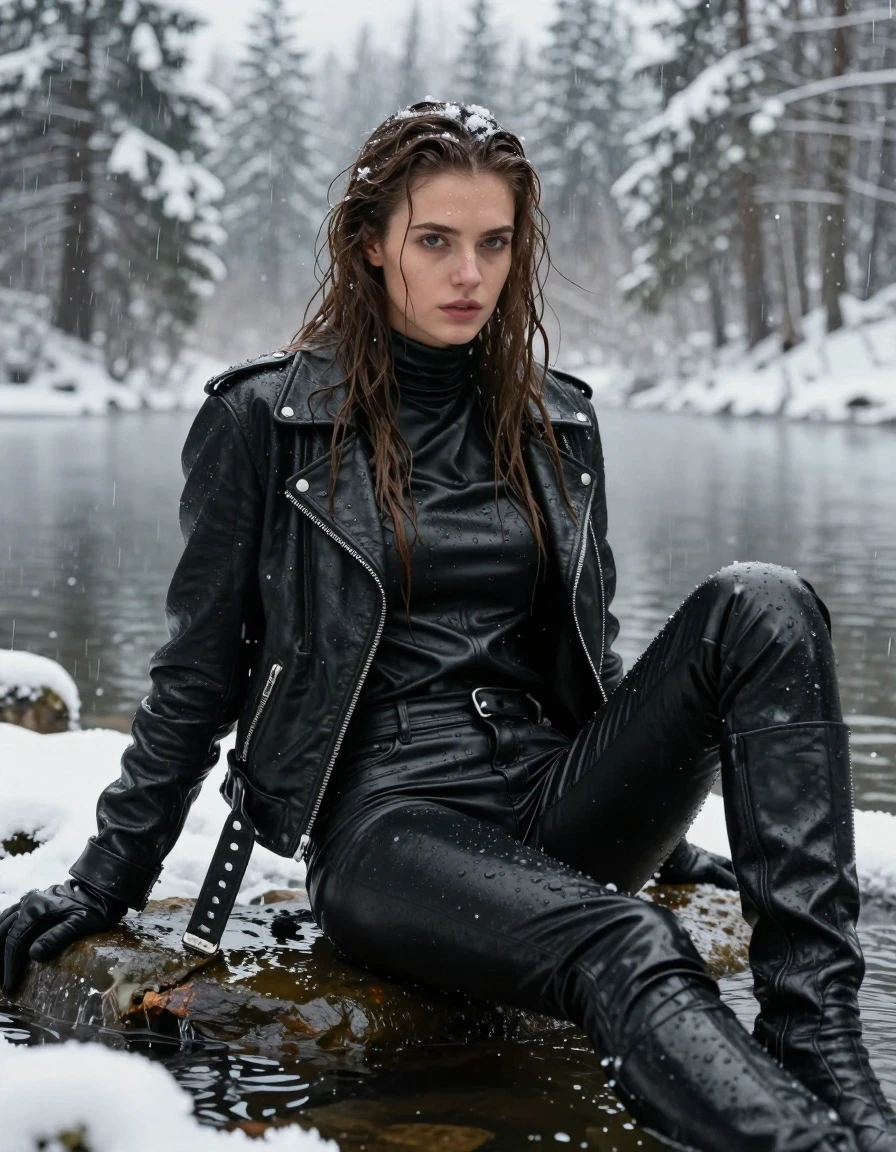 A stunning young adult European woman with long, dripping wet brown hair, captured in a realistic photographic portrait. She is wearing an oversize black leather polar neck shirt, a black biker leather jacket, black leather pants, and black leather knee-high boots, with leather gloves on both hands. All leather garments are visibly drenched, featuring a high-gloss wet sheen, water-saturated surfaces, heavy clinging folds, and dark, slick textures. Her skin is glistening with water, and her hair is matted and heavy with moisture. She is relaxing within the shallow, freezing water of a lake situated in a dense, snow-covered forest during a heavy snowfall. The environment is cold and atmospheric, with snow dusting the surrounding pine trees. The lighting is soft and natural, emphasizing the wet reflections on the leather fabric and her skin. High-detail, photorealistic, cinematic composition, focusing on the contrast between the dark wet leather and the white snow, strictly non-nude, fully clothed.