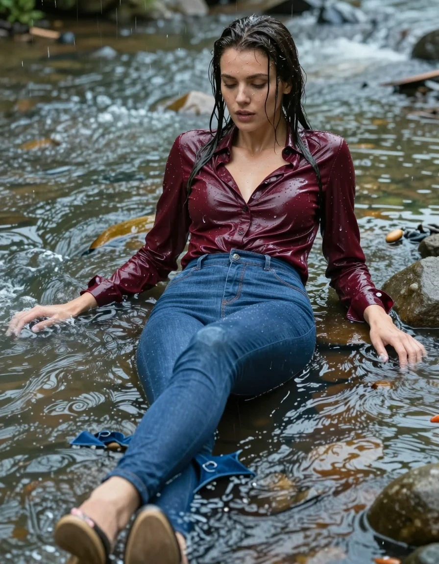 photo of young woman, in soaking wet, drenched clothes,
pumps, blue tight long dress, jeans, shiny dark red shirtdress , long blouse, river, rain, 
enjoying, wet clothes stuck to body,
detailed textures of the wet clothes, wet face, wet plastered hair,
wet, drenched, professional, high-quality details, full body view.
sharp focus, ultra-high pixel detail, realistic, high-quality, full colors, incredibly detailed, 4k, 8k, 16k, hyper-realistic, RAW photo, masterpiece, ultra-detailed, professionally color graded, professional photograph, collar, long sleeves, long blouse, unbuttoned, 
wet hair, long hair, drenched, dripping wet, complete submerged, full body, lying, wet skin, wet clothes, damp fabric