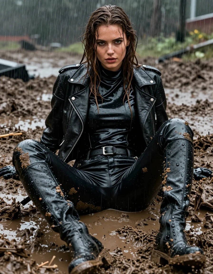 A photorealistic portrait of a young adult European woman with long, dripping wet brown hair, her skin glistening with a mixture of water sheen and thick mud. She is wearing an oversize black vinyl polar neck shirt, a rugged black biker leather jacket, black vinyl pants that cling to her legs, black leather knee-high boots, and leather gloves on both hands. The clothing is heavily drenched, with the vinyl and leather surfaces covered in mud splatter, water droplets, and streaks. She is sitting and relaxing in a deep mud pit during a heavy rainstorm, with mud and rainwater coating every surface. The lighting is moody and overcast, emphasizing the wet textures, the deep dark tones of the mud and wet garments, and the specular highlights on the glossy vinyl and leather. The scene is captured with sharp focus on the textures of the damp fabric, mud-caked skin, and wet hair, ensuring a fully clothed, non-nude, hyper-realistic depiction of the environment and subject.