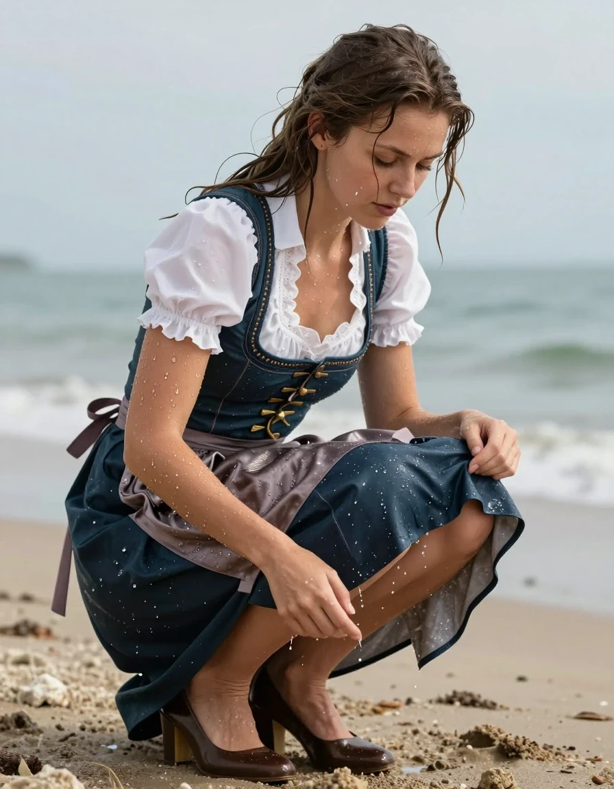 photo of young woman, in soaking wet, drenched clothes,
heels, long skirt, dirndl, beach, 
enjoying, wet clothes stuck to body,
detailed textures of the wet clothes, wet face, wet plastered hair,
wet, drenched, professional, high-quality details, full body view.
sharp focus, ultra-high pixel detail, realistic, high-quality, full colors, incredibly detailed, 4k, 8k, 16k, hyper-realistic, RAW photo, masterpiece, ultra-detailed, professionally color graded, professional photograph, wet skin, wet clothes, damp fabric