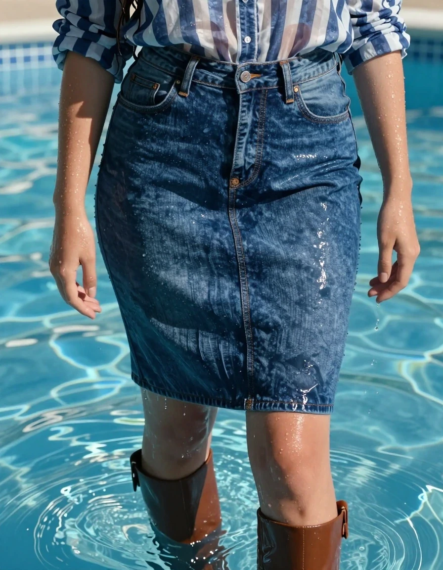 A young adult European woman standing inside a sunlit swimming pool, water level reaching mid-thigh. She is wearing a knee-length tight denim skirt made of soaking-wet blue denim, water-saturated heavyweight denim, blue changed to deep navy and indigo, substantially darker unevenly soaked patches, absorbed water, heavy wet folds, visible weave and stitching, and strong glossy specular reflections on the raised weave, seams, and creases. She wears a blue and white striped long-sleeve shirt that is drenched and clinging to her skin, with translucent wet fabric revealing texture underneath, and brown stiletto knee-length boots that are glistening with water. Her hair is plastered to her head and shoulders, dripping with water, and her skin has a realistic wet sheen with droplets and rivulets. The scene is captured with a high-detail cinematic lens, focusing on the contrast between the saturated, heavy wet denim and the shimmering, reflective water of the pool. Sharp focus, high-contrast lighting, 8k resolution, photorealistic wet textures, hyper-detailed fabric behavior.