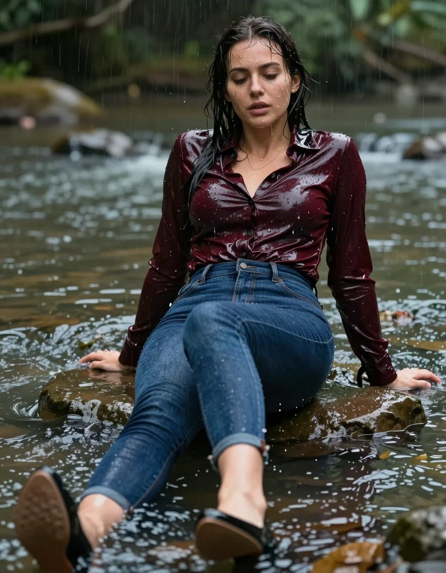 photo of young woman, in soaking wet, drenched clothes,
pumps, blue tight long dress, jeans, shiny dark red blouse , long blouse, river, rain, 
enjoying, wet clothes stuck to body,
detailed textures of the wet clothes, wet face, wet plastered hair,
wet, drenched, professional, high-quality details, full body view.
sharp focus, ultra-high pixel detail, realistic, high-quality, full colors, incredibly detailed, 4k, 8k, 16k, hyper-realistic, RAW photo, masterpiece, ultra-detailed, professionally color graded, professional photograph, collar, long sleeves, long blouse, unbuttoned, 
wet hair, long hair, drenched, dripping wet, complete submerged, full body, lying, wet skin, wet clothes, damp fabric
