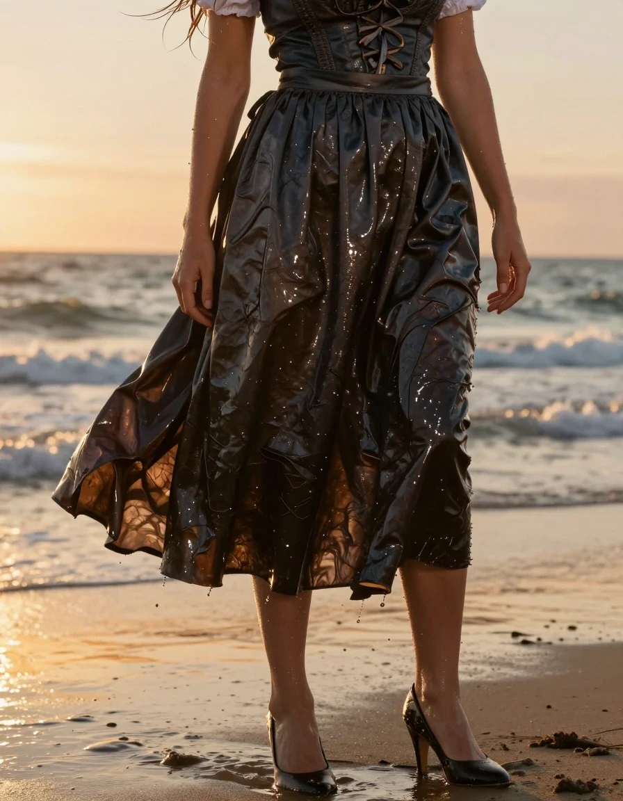 A photorealistic full-body shot of a young adult European woman standing on a windswept beach at sunset. She is wearing a traditional dirndl with a long, flowing skirt that is soaking wet, the fabric heavy, darkened, and clinging to her legs with deep, water-saturated folds. Her skin is glistening with a realistic sheen of saltwater, and her hair is damp and slightly matted. She wears high-heeled shoes that are partially submerged in the wet sand. The scene captures the texture of the wet dirndl fabric, showing uneven patches of deep color saturation and heavy, realistic weight. The camera is positioned at eye level, capturing the shimmering reflections on the wet fabric and the glistening skin against the backdrop of the ocean waves and golden hour light. High-resolution, cinematic lighting, hyper-detailed textures, 8k, professional photography.
