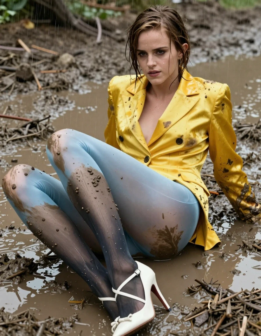 photo of young woman, in soaking wet, drenched clothes,
Strappy white stilettos, muddy black stockings., Muddy pale blue satin leggings, Dirty yellow satin blazer , Lying down in muddy puddle, 
enjoying, wet clothes stuck to body,
detailed textures of the wet clothes, wet face, wet plastered hair,
wet, drenched, professional, high-quality details, full body view.
sharp focus, ultra-high pixel detail, realistic, high-quality, full colors, incredibly detailed, 4k, 8k, 16k, hyper-realistic, RAW photo, masterpiece, ultra-detailed, professionally color graded, professional photograph, Emma Watson, in a downpour, wet skin, wet clothes, damp fabric