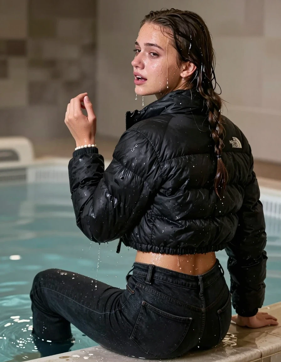 photo of young woman, in soaking wet, drenched clothes,
, Dark levis skinny jeans, Black North face puffer down jacket, Open jacket, tight v-neck sweater belly free, shoulderbag, pearl necklace, bracelet, wristwatch, Steaming indoor jacuzzi , 
enjoying, wet clothes stuck to body,
detailed textures of the wet clothes, wet face, wet plastered hair,
wet, drenched, professional, high-quality details, full body view.
sharp focus, ultra-high pixel detail, realistic, high-quality, full colors, incredibly detailed, 4k, 8k, 16k, hyper-realistic, RAW photo, masterpiece, ultra-detailed, professionally color graded, professional photograph, A realistic vertical fashion photograph taken from a backward, behind-the-back angle of a 15-year-old teenage girl sitting in a steaming indoor jacuzzi, facing away from the camera to show her back. She is tilting her head at camera, letting the water drench her hair so it is glued flat against her head and body. She has pigtails, completely saturated and dripping wet hair, with water cascading down her face and neck, crying and astonished expression. The lighting is bright and cinematic, highlighting the glistening water droplets on her skin and the saturated texture of her  casual clothes.  Open mouth, half closed eyes. 
her clothing is soaking wet and clinging tightly to her skin, showing heavy wet folds, darkened fabric texture, and deep water-saturated Patches, her clothes are heavy from the water, water runs from her body and her clothes in streams. A lot of water also runs out of her clothes. Her clothes are darkened by the water. 
hyper-realistic wetness, high-contrast water sheen, sharp focus, 16k resolution, professional photography, realistic water physics., wet skin, wet clothes, damp fabric, wet skin, wet clothes, damp fabric, wet skin, wet clothes, damp fabric, wet skin, wet clothes, damp fabric, wet skin, wet clothes, damp fabric, wet skin, wet clothes, damp fabric, wet skin, wet clothes, damp fabric, wet skin, wet clothes, damp fabric, wet skin, wet clothes, damp fabric