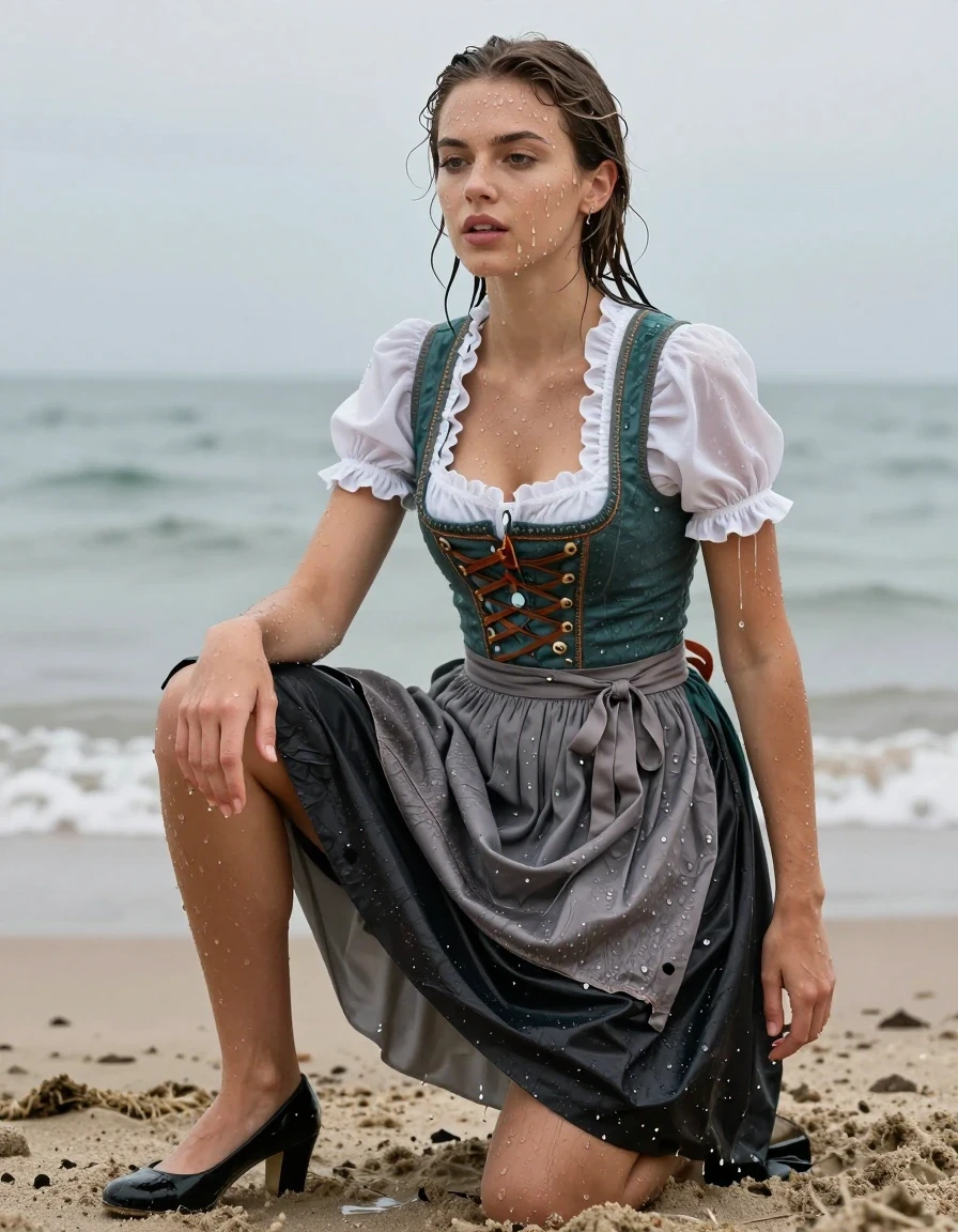 photo of young woman, in soaking wet, drenched clothes,
heels, long skirt, dirndl, beach, 
enjoying, wet clothes stuck to body,
detailed textures of the wet clothes, wet face, wet plastered hair,
wet, drenched, professional, high-quality details, full body view.
sharp focus, ultra-high pixel detail, realistic, high-quality, full colors, incredibly detailed, 4k, 8k, 16k, hyper-realistic, RAW photo, masterpiece, ultra-detailed, professionally color graded, professional photograph, wet skin, wet clothes, damp fabric