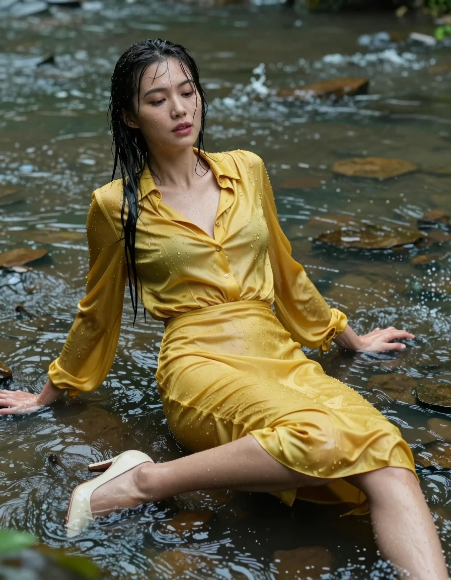 photo of young woman, in soaking wet, drenched clothes,
pumps, yellow tight long dress, silk, shiny dark yellow shirtdress , long blouse, river, rain, 
enjoying, wet clothes stuck to body,
detailed textures of the wet clothes, wet face, wet plastered hair,
wet, drenched, professional, high-quality details, full body view.
sharp focus, ultra-high pixel detail, realistic, high-quality, full colors, incredibly detailed, 4k, 8k, 16k, hyper-realistic, RAW photo, masterpiece, ultra-detailed, professionally color graded, professional photograph, collar, long sleeves, long blouse, unbuttoned, 
wet hair, long hair, drenched, dripping wet, complete submerged, full body, lying, wet skin, wet clothes, damp fabric