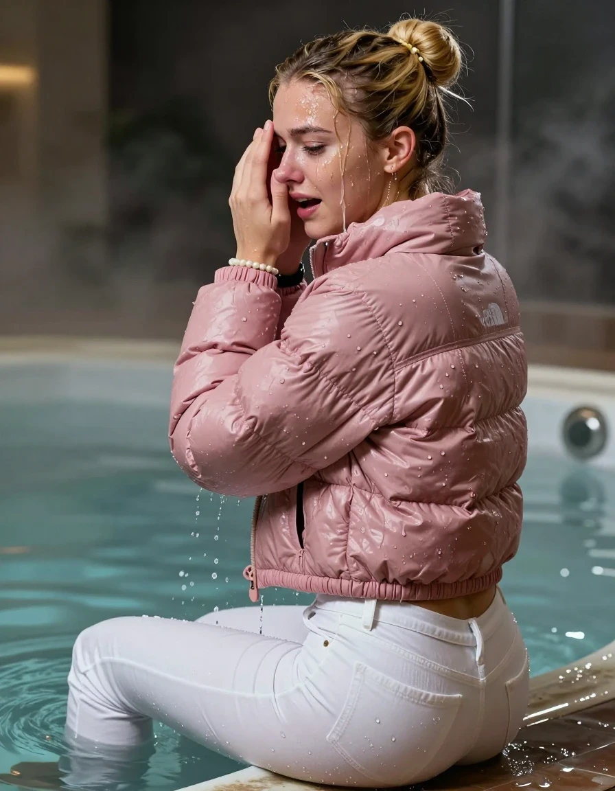 photo of young woman, in soaking wet, drenched clothes,
, White levis skinny jeans, Pink North face puffer down jacket, Open jacket, tight v-neck sweater belly free, shoulderbag, pearl necklace, bracelet, wristwatch, Steaming indoor jacuzzi , 
enjoying, wet clothes stuck to body,
detailed textures of the wet clothes, wet face, wet plastered hair,
wet, drenched, professional, high-quality details, full body view.
sharp focus, ultra-high pixel detail, realistic, high-quality, full colors, incredibly detailed, 4k, 8k, 16k, hyper-realistic, RAW photo, masterpiece, ultra-detailed, professionally color graded, professional photograph, A realistic vertical fashion photograph taken from a backward, behind-the-back angle of a 15-year-old teenage girl sitting in a steaming indoor jacuzzi, facing away from the camera to show her back. She holds her hands over her face. She is tilting her head at camera, letting the water drench her hair so it is glued flat against her head and body. She has a blonde Sleek topknot, completely saturated and dripping wet hair, with water cascading down her face and neck, crying and astonished expression. The lighting is bright and cinematic, highlighting the glistening water droplets on her skin and the saturated texture of her  casual clothes.  Open mouth, half closed eyes. 
her clothing is soaking wet and clinging tightly to her skin, showing heavy wet folds, darkened fabric texture, and deep water-saturated Patches, her clothes are heavy from the water, water runs from her body and her clothes in streams. A lot of water also runs out of her clothes. Her clothes are darkened by the water. 
hyper-realistic wetness, high-contrast water sheen, sharp focus, 16k resolution, professional photography, realistic water physics., wet skin, wet clothes, damp fabric, wet skin, wet clothes, damp fabric, wet skin, wet clothes, damp fabric, wet skin, wet clothes, damp fabric, wet skin, wet clothes, damp fabric, wet skin, wet clothes, damp fabric, wet skin, wet clothes, damp fabric, wet skin, wet clothes, damp fabric, wet skin, wet clothes, damp fabric, wet skin, wet clothes, damp fabric, wet skin, wet clothes, damp fabric