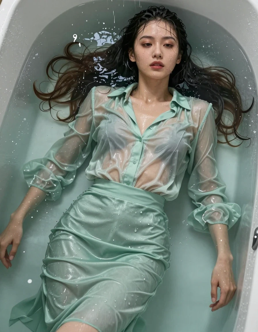 photo of young woman, in soaking wet, drenched clothes,
pumps, light green tight long skirt, silk, shiny light green silk shirt , long blouse, bath, rain, 
enjoying, wet clothes stuck to body,
detailed textures of the wet clothes, wet face, wet plastered hair,
wet, drenched, professional, high-quality details, full body view.
sharp focus, ultra-high pixel detail, realistic, high-quality, full colors, incredibly detailed, 4k, 8k, 16k, hyper-realistic, RAW photo, masterpiece, ultra-detailed, professionally color graded, professional photograph, collar, long sleeves, unbuttoned, 
dripping wet hair, long hair, drenched, dripping wet, complete submerged, full body view, lying, foto from above, wet skin, wet clothes, damp fabric