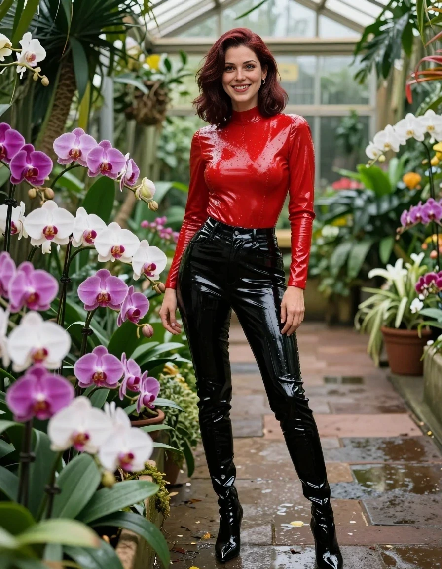 a realistic vertical fashion photograph of a 25-year-old woman with shoulder-length dark auburn hair standing next to a vibrant display of exotic orchids in a tropical greenhouse, she is wearing a crimson red long-sleeved vinyl bodysuit, black vinyl trousers, and knee-high black patent leather boots, the orchids and her vinyl outfit are glistening with fresh moisture, she is smiling warmly at the camera, soft diffused daylight, lush greenhouse foliage in the background, high-quality fashion photography style.
