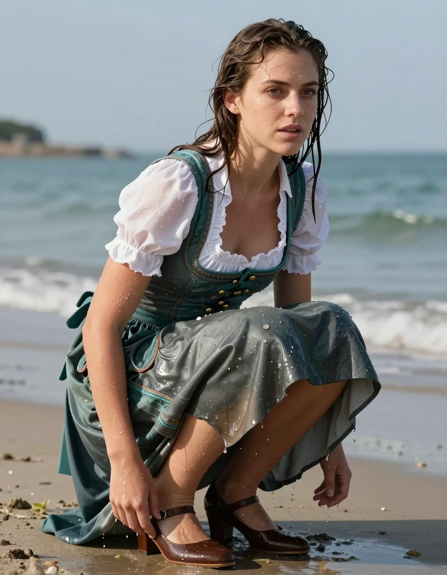 photo of young woman, in soaking wet, drenched clothes,
heels, long skirt, dirndl, beach, 
enjoying, wet clothes stuck to body,
detailed textures of the wet clothes, wet face, wet plastered hair,
wet, drenched, professional, high-quality details, full body view.
sharp focus, ultra-high pixel detail, realistic, high-quality, full colors, incredibly detailed, 4k, 8k, 16k, hyper-realistic, RAW photo, masterpiece, ultra-detailed, professionally color graded, professional photograph, wet skin, wet clothes, damp fabric