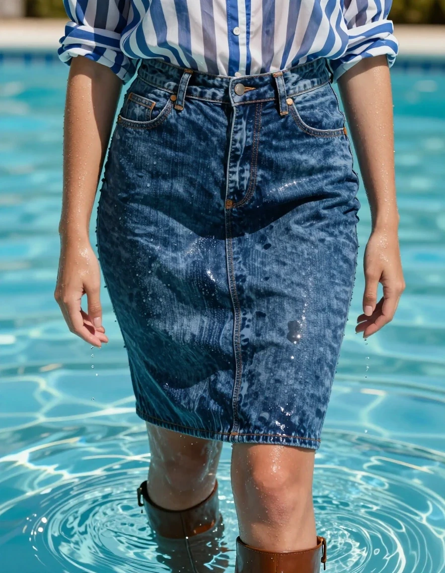 A young adult European woman standing in a swimming pool, fully submerged in water, hair slicked back and dripping, skin glistening with water droplets and sheen. She is wearing a knee-length tight denim skirt, rendered as soaking-wet blue denim, water-saturated heavyweight denim, blue changed to deep navy and indigo, substantially darker unevenly soaked patches, absorbed water, heavy wet folds, visible weave and stitching, and strong glossy specular reflections on the raised weave, seams, and creases. She wears a blue and white striped long-sleeve shirt that is heavy, translucent, and clinging to her torso from the water, and brown stiletto knee-length boots that are wet with glossy reflections. The scene is set in a bright, sunlit swimming pool with clear turquoise water, light refracting through the surface, high-contrast lighting, cinematic depth of field, 8k resolution, photorealistic, sharp focus on the textures of the wet denim and fabric.