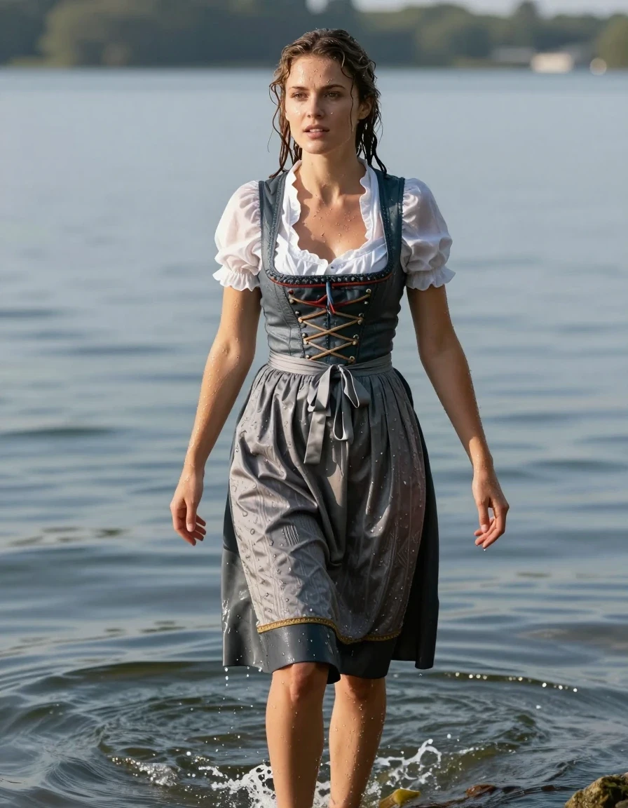 photo of young woman, in soaking wet, drenched clothes,
heels, long skirt, dirndl, lake, 
enjoying, wet clothes stuck to body,
detailed textures of the wet clothes, wet face, wet plastered hair,
wet, drenched, professional, high-quality details, full body view.
sharp focus, ultra-high pixel detail, realistic, high-quality, full colors, incredibly detailed, 4k, 8k, 16k, hyper-realistic, RAW photo, masterpiece, ultra-detailed, professionally color graded, professional photograph, wet skin, wet clothes, damp fabric