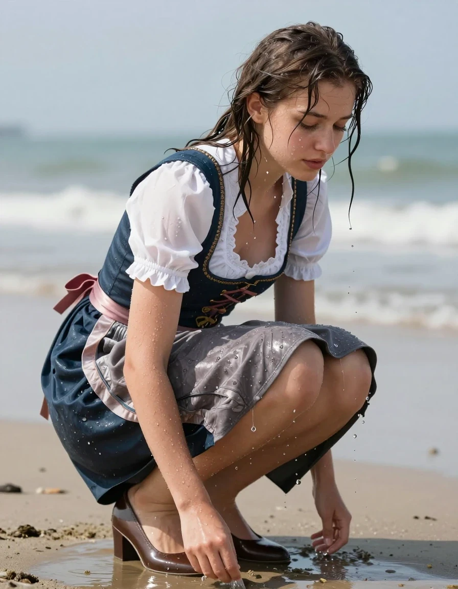 photo of young woman, in soaking wet, drenched clothes,
heels, long skirt, dirndl, beach, 
enjoying, wet clothes stuck to body,
detailed textures of the wet clothes, wet face, wet plastered hair,
wet, drenched, professional, high-quality details, full body view.
sharp focus, ultra-high pixel detail, realistic, high-quality, full colors, incredibly detailed, 4k, 8k, 16k, hyper-realistic, RAW photo, masterpiece, ultra-detailed, professionally color graded, professional photograph, wet skin, wet clothes, damp fabric