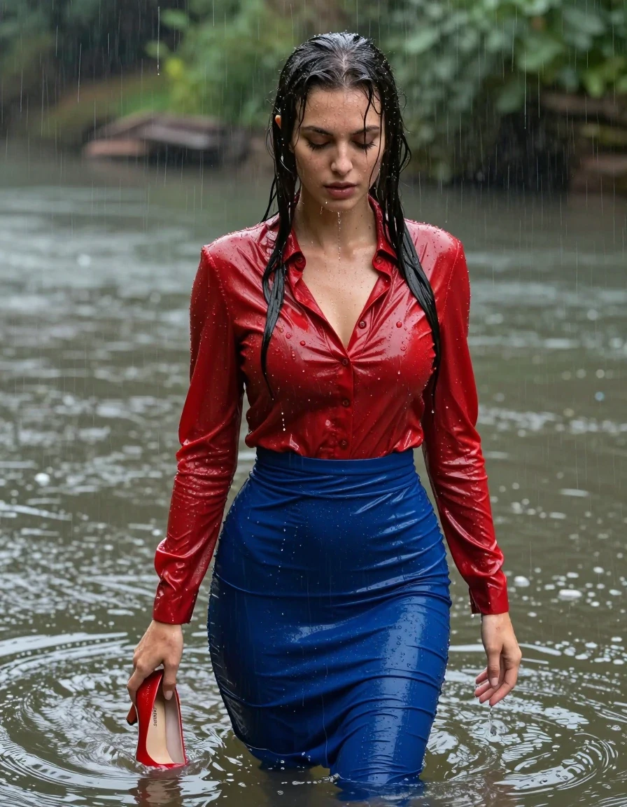 photo of young woman, in soaking wet, drenched clothes,
pumps, blue tight long dress, shiny light red blouse , long blouse, river, rain, 
enjoying, wet clothes stuck to body,
detailed textures of the wet clothes, wet face, wet plastered hair,
wet, drenched, professional, high-quality details, full body view.
sharp focus, ultra-high pixel detail, realistic, high-quality, full colors, incredibly detailed, 4k, 8k, 16k, hyper-realistic, RAW photo, masterpiece, ultra-detailed, professionally color graded, professional photograph, collar, long sleeves, long blouse, unbuttoned, 
wet hair, long hair, drenched, dripping wet, submerged, full body, wet skin, wet clothes, damp fabric