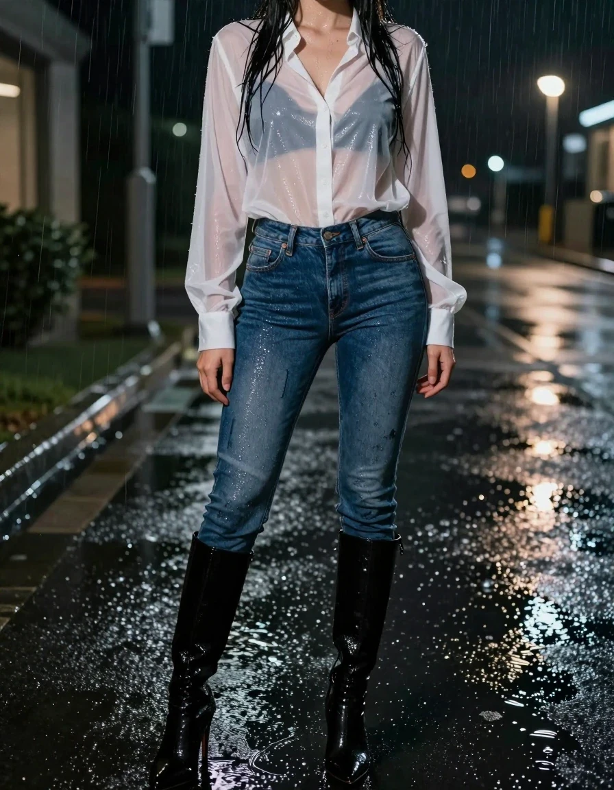 A high-detail photorealistic shot of a young adult European woman standing in a rain-slicked hotel driveway at night. She is wearing a sheer white button-down shirt that is completely saturated and clinging to her skin, revealing texture and wetness, paired with soaking-wet blue denim jeans; the denim is water-saturated heavyweight material, with the blue color shifted to deep navy and indigo, featuring substantially darker unevenly soaked patches, heavy wet folds, visible weave and stitching, and strong glossy specular reflections on the raised weave, seams, and creases. She wears black thigh-high stiletto boots that are sleek and wet. The scene is captured in a cinematic, rainy environment with dramatic lighting reflecting off the wet pavement. The image is sharp, high-quality, and realistic, with perfect anatomy, no extra limbs, and no dry clothing. The atmosphere is moody and atmospheric, focusing on the realistic textures of wet fabric, skin, and hair, avoiding any sexual or provocative elements, illustrations, or cartoons.