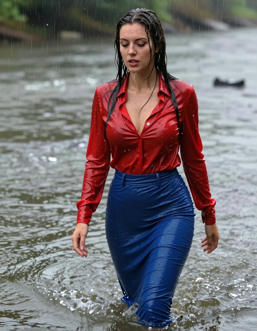 photo of young woman, in soaking wet, drenched clothes,
pumps, blue tight long dress, jeans, shiny light red blouse , long blouse, river, rain, 
enjoying, wet clothes stuck to body,
detailed textures of the wet clothes, wet face, wet plastered hair,
wet, drenched, professional, high-quality details, full body view.
sharp focus, ultra-high pixel detail, realistic, high-quality, full colors, incredibly detailed, 4k, 8k, 16k, hyper-realistic, RAW photo, masterpiece, ultra-detailed, professionally color graded, professional photograph, collar, long sleeves, long blouse, unbuttoned, 
wet hair, long hair, drenched, dripping wet, submerged, full body, wet skin, wet clothes, damp fabric