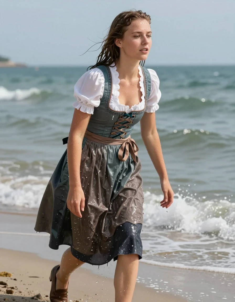 photo of young woman, in soaking wet, drenched clothes,
heels, long skirt, dirndl, beach, 
enjoying, wet clothes stuck to body,
detailed textures of the wet clothes, wet face, wet plastered hair,
wet, drenched, professional, high-quality details, full body view.
sharp focus, ultra-high pixel detail, realistic, high-quality, full colors, incredibly detailed, 4k, 8k, 16k, hyper-realistic, RAW photo, masterpiece, ultra-detailed, professionally color graded, professional photograph, wet skin, wet clothes, damp fabric