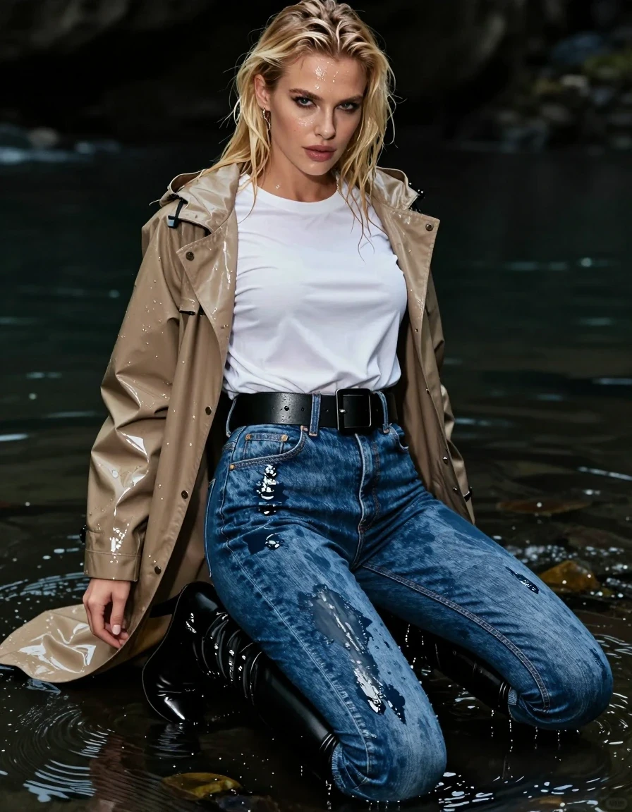 A full-body photorealistic shot of a young adult European woman with blonde hair, kneeling in deep water, looking directly at the camera with a confident, sexy expression. She is wearing an untucked white long-sleeve shirt under a light brown rain coat, cinched by an extra-wide black belt with a prominent large buckle. Her legs are clad in tight blue jeans; the denim is soaking-wet, water-saturated heavyweight blue denim, changed to deep navy and indigo with substantially darker unevenly soaked patches, heavy wet folds, visible weave and stitching, and strong glossy specular reflections on the raised weave, seams, and creases. She wears knee-high black stiletto leather boots with silver buckles, fully visible and dripping wet. The entire ensemble, including her hair and skin, is drenched and glistening with water, featuring realistic water sheen and clinging fabrics. The setting is deep, dark water, captured with sharp focus, high-contrast lighting, and professional cinematic photography standards.