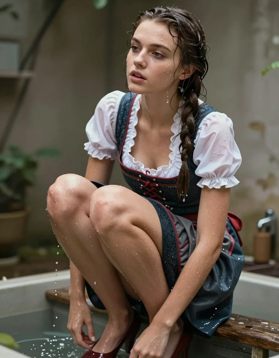 photo of young woman, in soaking wet, drenched clothes,
heels, long skirt, dirndl, bath, 
enjoying, wet clothes stuck to body,
detailed textures of the wet clothes, wet face, wet plastered hair,
wet, drenched, professional, high-quality details, full body view.
sharp focus, ultra-high pixel detail, realistic, high-quality, full colors, incredibly detailed, 4k, 8k, 16k, hyper-realistic, RAW photo, masterpiece, ultra-detailed, professionally color graded, professional photograph, wet skin, wet clothes, damp fabric