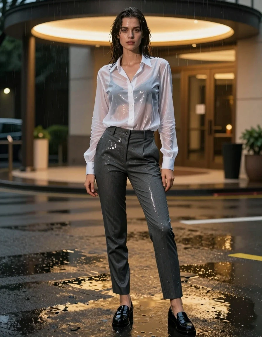 A photorealistic medium shot of a young adult European woman standing in a hotel driveway entrance under glowing golden portico lights at night. She is wearing a sheer white button-down shirt that is thoroughly soaked, clinging to her skin and revealing texture, paired with charcoal grey tailored trousers that are completely saturated with rainwater, hanging heavy with deep, dark, realistic wet folds and clinging to her legs. She wears polished black patent leather loafers that reflect the ambient golden light. The atmosphere is rainy and wet, with visible water sheen on her skin and hair. The scene is captured with sharp focus, high-fidelity photographic detail, and natural lighting, emphasizing the heavy, soaked texture of the fabrics. The composition is clean, professional, and cinematic, focusing on the realistic interaction of water with the clothing and skin.