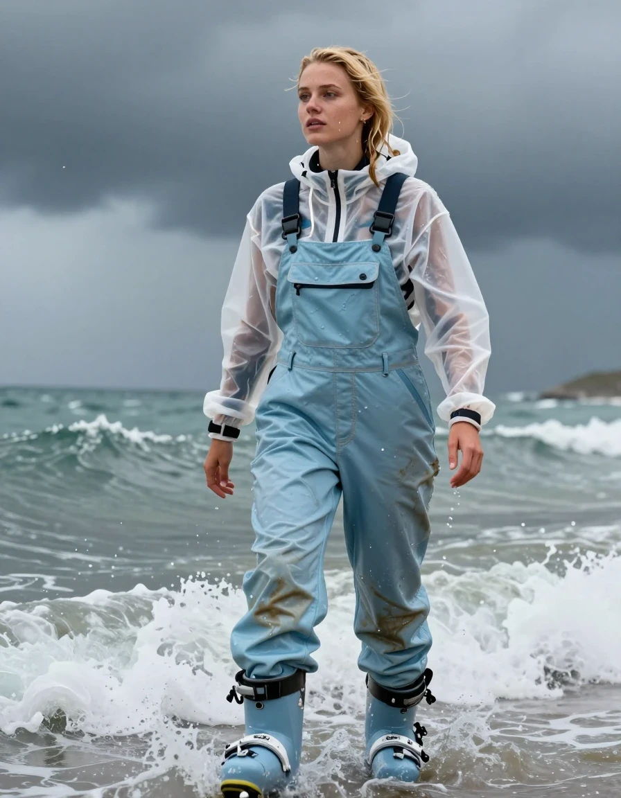 photo of young woman, in soaking wet, drenched clothes,
Ski boots, Dirty pale blue salopettes, Transparent White ski jacket , Standing in the surf, 
enjoying, wet clothes stuck to body,
detailed textures of the wet clothes, wet face, wet plastered hair,
wet, drenched, professional, high-quality details, full body view.
sharp focus, ultra-high pixel detail, realistic, high-quality, full colors, incredibly detailed, 4k, 8k, 16k, hyper-realistic, RAW photo, masterpiece, ultra-detailed, professionally color graded, professional photograph, Blonde, in thunder storm, wet skin, wet clothes, damp fabric