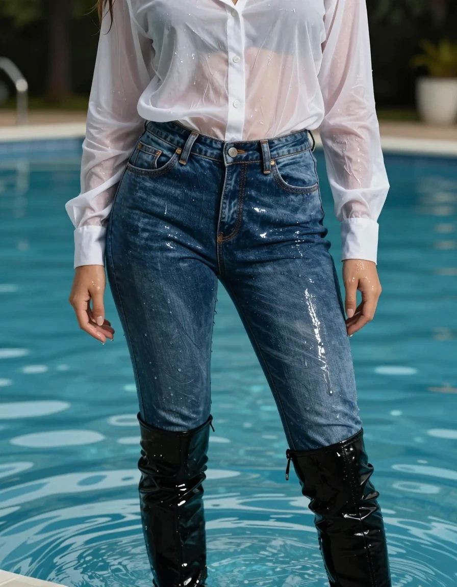 A photorealistic medium-full shot of a young adult European woman standing in the shallow end of a swimming pool. She is wearing a sheer white button-down shirt that is completely saturated, clinging tightly to her skin and revealing texture, with heavy water-soaked folds. Below, she wears soaking-wet blue denim jeans, water-saturated heavyweight denim, blue changed to deep navy and indigo, substantially darker unevenly soaked patches, absorbed water, heavy wet folds, visible weave and stitching, and strong glossy specular reflections on the raised weave, seams, and creases. She is wearing black thigh-high stiletto boots that glisten with water. The lighting is moody and overcast, emphasizing the wet sheen on her skin and the high-contrast textures of the saturated fabric. The composition focuses on the realistic interplay of light on water and wet materials, captured with a 35mm lens, sharp focus on fabric textures, hyper-realistic water physics, clean anatomical proportions, and professional cinematic photography standards.