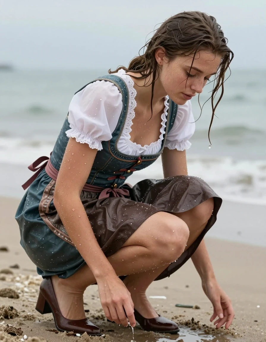 photo of young woman, in soaking wet, drenched clothes,
heels, long skirt, dirndl, beach, 
enjoying, wet clothes stuck to body,
detailed textures of the wet clothes, wet face, wet plastered hair,
wet, drenched, professional, high-quality details, full body view.
sharp focus, ultra-high pixel detail, realistic, high-quality, full colors, incredibly detailed, 4k, 8k, 16k, hyper-realistic, RAW photo, masterpiece, ultra-detailed, professionally color graded, professional photograph, wet skin, wet clothes, damp fabric