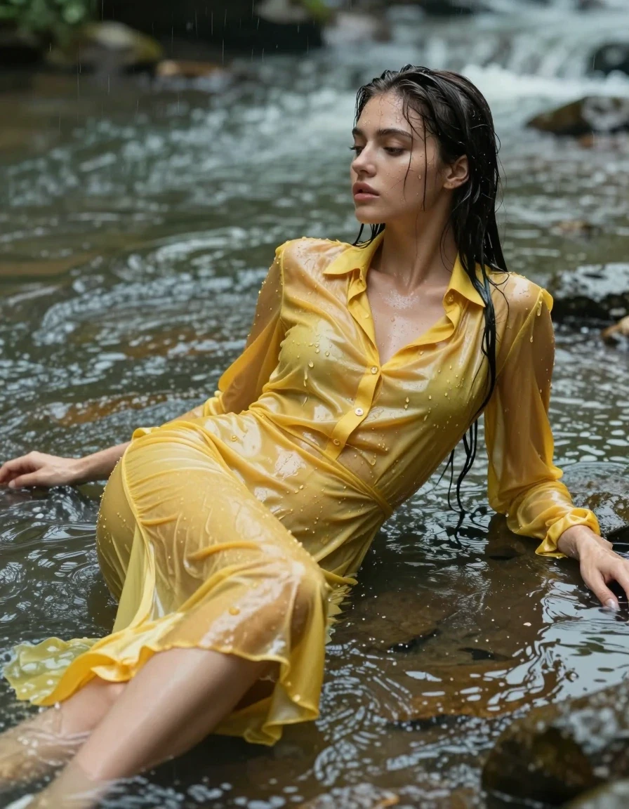 photo of young woman, in soaking wet, drenched clothes,
pumps, yellow tight long dress, silk, shiny dark yellow shirtdress , long blouse, river, rain, 
enjoying, wet clothes stuck to body,
detailed textures of the wet clothes, wet face, wet plastered hair,
wet, drenched, professional, high-quality details, full body view.
sharp focus, ultra-high pixel detail, realistic, high-quality, full colors, incredibly detailed, 4k, 8k, 16k, hyper-realistic, RAW photo, masterpiece, ultra-detailed, professionally color graded, professional photograph, collar, long sleeves, long blouse, unbuttoned, 
wet hair, long hair, drenched, dripping wet, complete submerged, full body, lying, wet skin, wet clothes, damp fabric