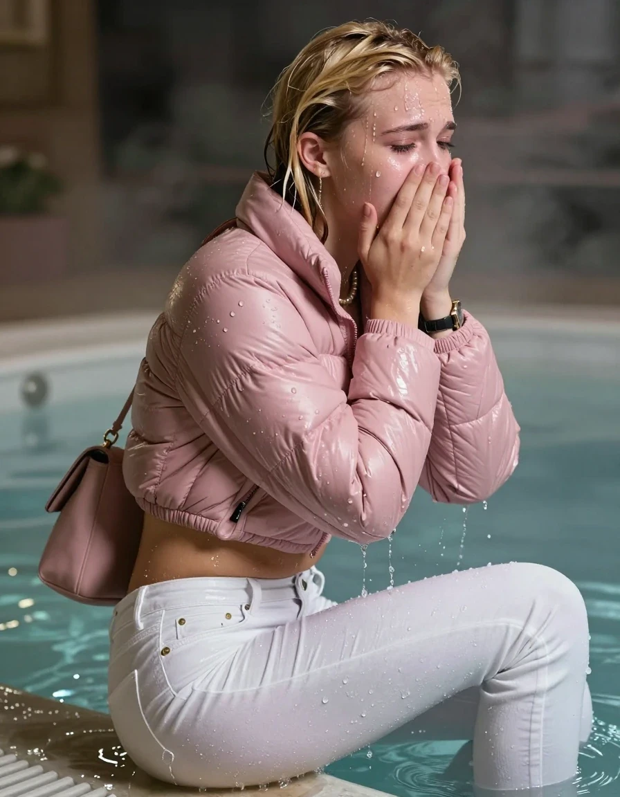 photo of young woman, in soaking wet, drenched clothes,
, White levis skinny jeans, Pink North face puffer down jacket, Open jacket, tight v-neck sweater belly free, shoulderbag, pearl necklace, bracelet, wristwatch, Steaming indoor jacuzzi , 
enjoying, wet clothes stuck to body,
detailed textures of the wet clothes, wet face, wet plastered hair,
wet, drenched, professional, high-quality details, full body view.
sharp focus, ultra-high pixel detail, realistic, high-quality, full colors, incredibly detailed, 4k, 8k, 16k, hyper-realistic, RAW photo, masterpiece, ultra-detailed, professionally color graded, professional photograph, A realistic vertical fashion photograph taken from a backward, behind-the-back angle of a 15-year-old teenage girl sitting in a steaming indoor jacuzzi, facing away from the camera to show her back. She holds her hands over her face. She is tilting her head at camera, letting the water drench her hair so it is glued flat against her head and body. She has blonde Sleek straight hair with middle parting, completely saturated and dripping wet hair, with water cascading down her face and neck, crying and astonished expression. The lighting is bright and cinematic, highlighting the glistening water droplets on her skin and the saturated texture of her  casual clothes.  Open mouth, half closed eyes. 
her clothing is soaking wet and clinging tightly to her skin, showing heavy wet folds, darkened fabric texture, and deep water-saturated Patches, her clothes are heavy from the water, water runs from her body and her clothes in streams. A lot of water also runs out of her clothes. Her clothes are darkened by the water. 
hyper-realistic wetness, high-contrast water sheen, sharp focus, 16k resolution, professional photography, realistic water physics., wet skin, wet clothes, damp fabric, wet skin, wet clothes, damp fabric, wet skin, wet clothes, damp fabric, wet skin, wet clothes, damp fabric, wet skin, wet clothes, damp fabric, wet skin, wet clothes, damp fabric, wet skin, wet clothes, damp fabric, wet skin, wet clothes, damp fabric, wet skin, wet clothes, damp fabric, wet skin, wet clothes, damp fabric, wet skin, wet clothes, damp fabric