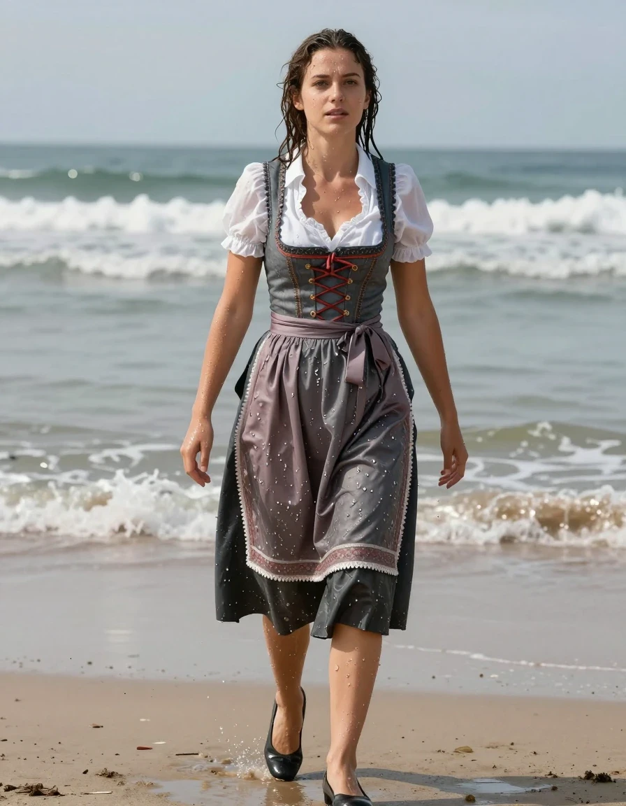 photo of young woman, in soaking wet, drenched clothes,
heels, long skirt, dirndl, beach, 
enjoying, wet clothes stuck to body,
detailed textures of the wet clothes, wet face, wet plastered hair,
wet, drenched, professional, high-quality details, full body view.
sharp focus, ultra-high pixel detail, realistic, high-quality, full colors, incredibly detailed, 4k, 8k, 16k, hyper-realistic, RAW photo, masterpiece, ultra-detailed, professionally color graded, professional photograph, wet skin, wet clothes, damp fabric