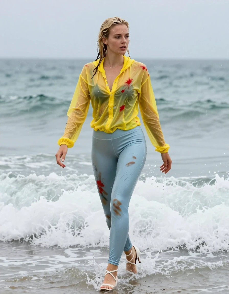 photo of young woman, in soaking wet, drenched clothes,
Strappy white stilettos , Dirty pale blue satin leggings covered in paint , See-through yellow jacket covered in red paint , Swimming in surf , 
enjoying, wet clothes stuck to body,
detailed textures of the wet clothes, wet face, wet plastered hair,
wet, drenched, professional, high-quality details, full body view.
sharp focus, ultra-high pixel detail, realistic, high-quality, full colors, incredibly detailed, 4k, 8k, 16k, hyper-realistic, RAW photo, masterpiece, ultra-detailed, professionally color graded, professional photograph, Blonde, in a downpour, wet skin, wet clothes, damp fabric