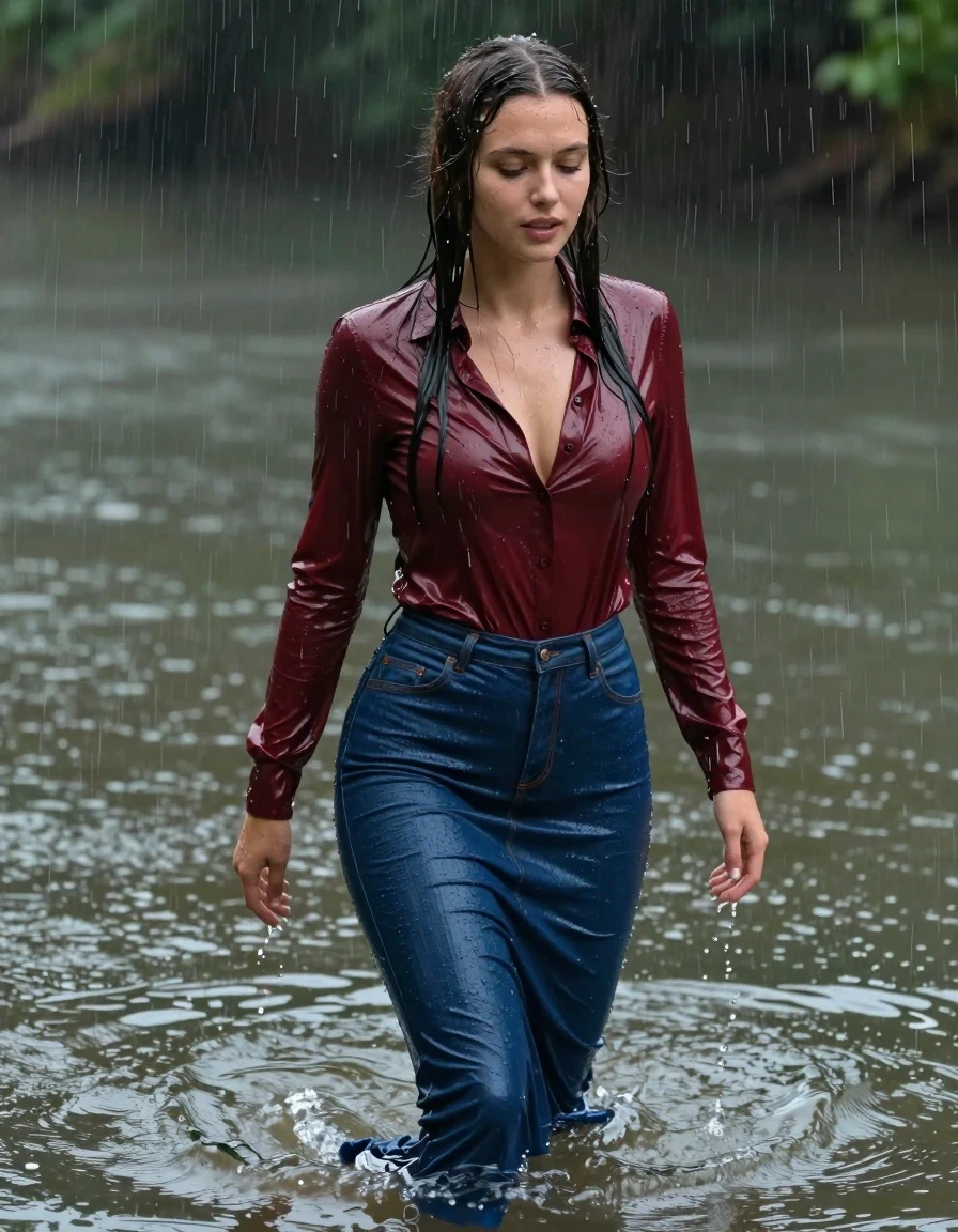 photo of young woman, in soaking wet, drenched clothes,
pumps, blue tight long dress, jeans, shiny dark red blouse , long blouse, river, rain, 
enjoying, wet clothes stuck to body,
detailed textures of the wet clothes, wet face, wet plastered hair,
wet, drenched, professional, high-quality details, full body view.
sharp focus, ultra-high pixel detail, realistic, high-quality, full colors, incredibly detailed, 4k, 8k, 16k, hyper-realistic, RAW photo, masterpiece, ultra-detailed, professionally color graded, professional photograph, collar, long sleeves, long blouse, unbuttoned, 
wet hair, long hair, drenched, dripping wet, complete submerged, full body, wet skin, wet clothes, damp fabric