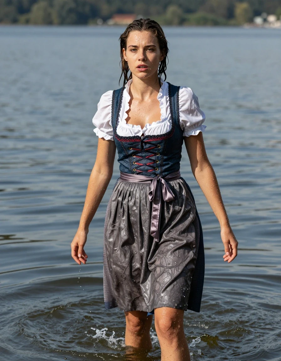 photo of young woman, in soaking wet, drenched clothes,
heels, long skirt, dirndl, lake, 
enjoying, wet clothes stuck to body,
detailed textures of the wet clothes, wet face, wet plastered hair,
wet, drenched, professional, high-quality details, full body view.
sharp focus, ultra-high pixel detail, realistic, high-quality, full colors, incredibly detailed, 4k, 8k, 16k, hyper-realistic, RAW photo, masterpiece, ultra-detailed, professionally color graded, professional photograph, wet skin, wet clothes, damp fabric
