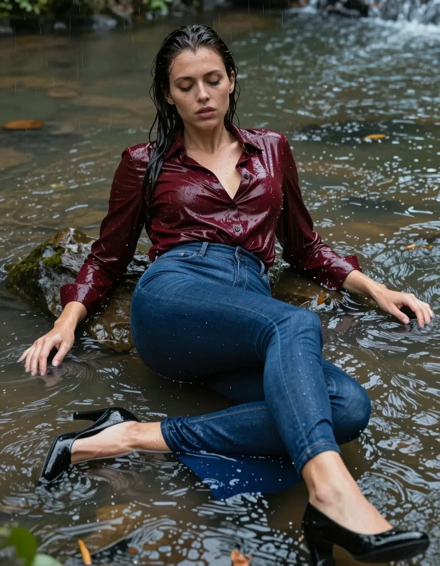 photo of young woman, in soaking wet, drenched clothes,
pumps, blue tight long dress, jeans, shiny dark red blouse , long blouse, river, rain, 
enjoying, wet clothes stuck to body,
detailed textures of the wet clothes, wet face, wet plastered hair,
wet, drenched, professional, high-quality details, full body view.
sharp focus, ultra-high pixel detail, realistic, high-quality, full colors, incredibly detailed, 4k, 8k, 16k, hyper-realistic, RAW photo, masterpiece, ultra-detailed, professionally color graded, professional photograph, collar, long sleeves, long blouse, unbuttoned, 
wet hair, long hair, drenched, dripping wet, complete submerged, full body, lying, wet skin, wet clothes, damp fabric