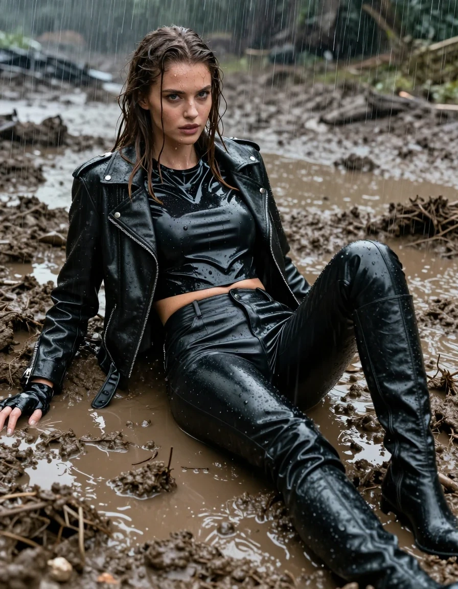 A young European woman with long, dripping wet brown hair, captured in a photorealistic medium shot. She is relaxing in a thick, murky mud pit during a heavy rainstorm. Her skin is slick with water and mud, with moisture clinging to her face and arms. She is dressed in an oversize black vinyl polar neck shirt that is drenched and clings to her frame, paired with black vinyl pants that have a high-sheen, wet-look finish. Over this, she wears a black biker's leather jacket, heavily saturated and glistening with rainwater. She wears black leather knee-high boots and matching leather gloves on both hands. The heavy rain creates water sheens and dramatic highlights on the dark, wet materials. The scene is set in a muddy, rain-filled environment, with dark, moody lighting emphasizing the texture of the wet fabrics and the mud-covered surroundings. High-fidelity textures, realistic wet skin, heavy fabric folds, high-contrast specular reflections, non-nude, fully clothed, cinematic lighting, sharp focus on the subject.