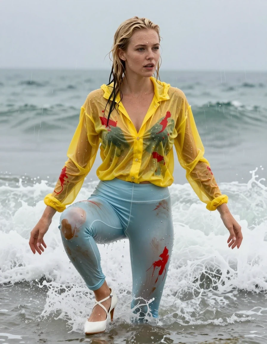 photo of young woman, in soaking wet, drenched clothes,
Strappy white stilettos , Dirty pale blue satin leggings covered in paint , See-through yellow jacket covered in red paint , Swimming in surf , 
enjoying, wet clothes stuck to body,
detailed textures of the wet clothes, wet face, wet plastered hair,
wet, drenched, professional, high-quality details, full body view.
sharp focus, ultra-high pixel detail, realistic, high-quality, full colors, incredibly detailed, 4k, 8k, 16k, hyper-realistic, RAW photo, masterpiece, ultra-detailed, professionally color graded, professional photograph, Blonde, in a downpour, wet skin, wet clothes, damp fabric