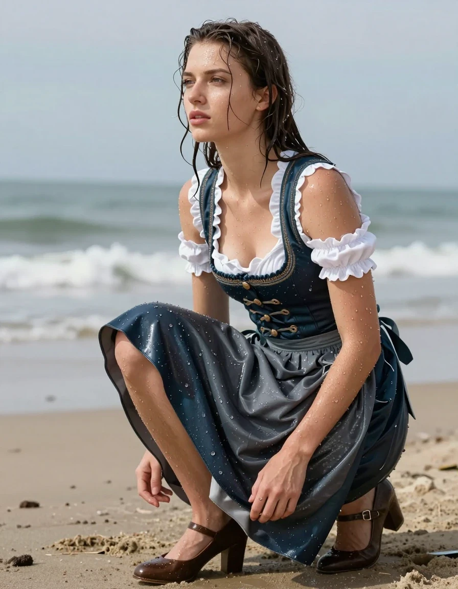 photo of young woman, in soaking wet, drenched clothes,
heels, long skirt, dirndl, beach, 
enjoying, wet clothes stuck to body,
detailed textures of the wet clothes, wet face, wet plastered hair,
wet, drenched, professional, high-quality details, full body view.
sharp focus, ultra-high pixel detail, realistic, high-quality, full colors, incredibly detailed, 4k, 8k, 16k, hyper-realistic, RAW photo, masterpiece, ultra-detailed, professionally color graded, professional photograph, wet skin, wet clothes, damp fabric